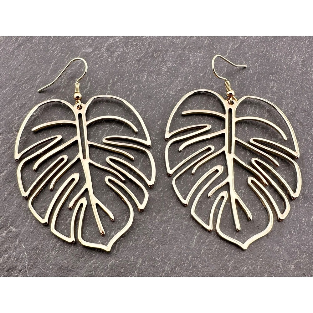 Monstera Palm Leaf Earrings Large Gold Tone NEW